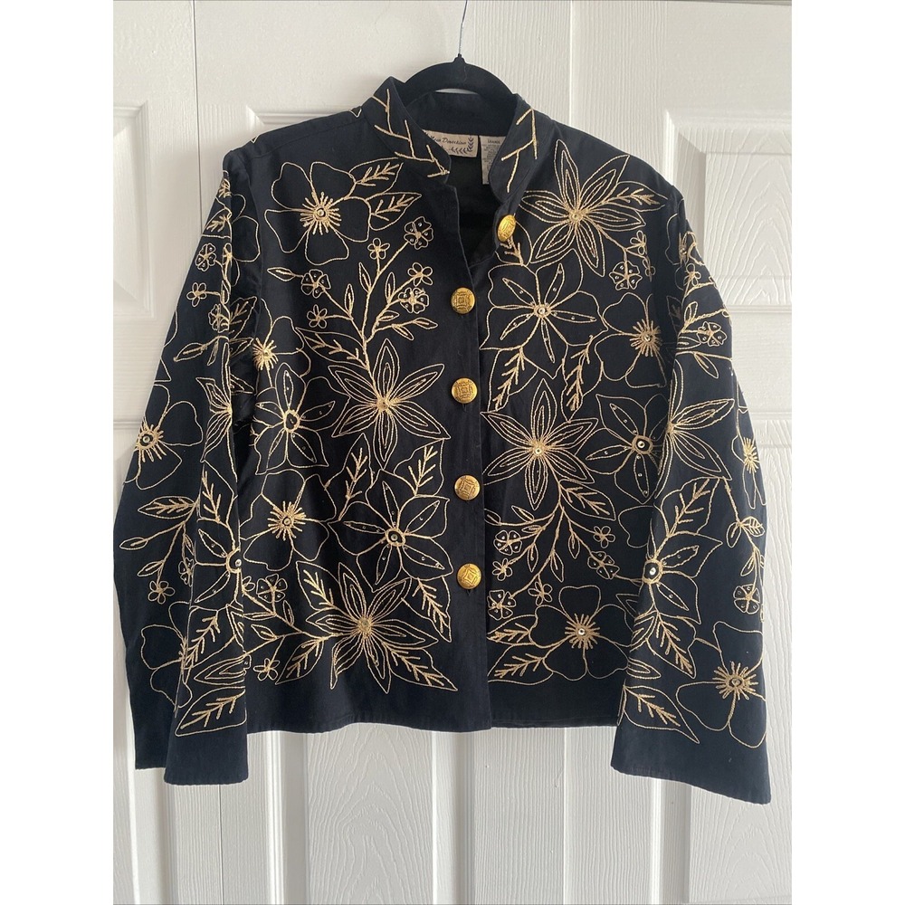 New Direction ‎ Embroidered Floral Jacket Womens Size L Black Gold Sequin